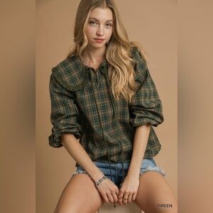 Umgee Full Size Plaid Ruffle Collar Blouse Plus Size